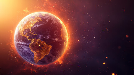 stunning close up of holographic planet Earth surrounded by fiery elements, showcasing vibrant colors and intricate details of continents and oceans