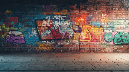 Vibrant Graffiti Art on Urban Brick Wall Grungy Street Scene Artistic Background
