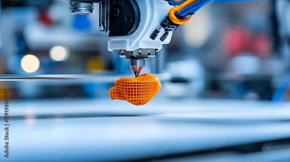Poster close-up of 3d printer nozzle creating an orange object.