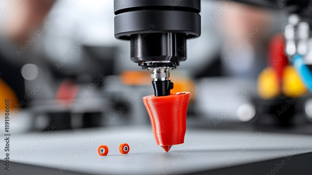 Poster close-up of 3d printer nozzle creating small red plastic object.
