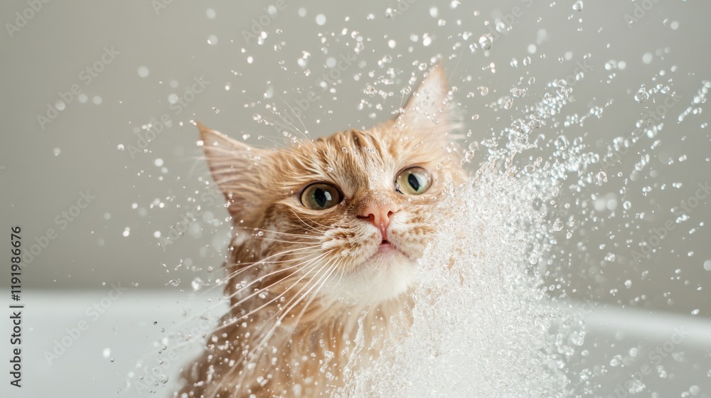 Poster a cat mid-shake in the bath, water droplets flying everywhere as it tries to shake off the water, cr