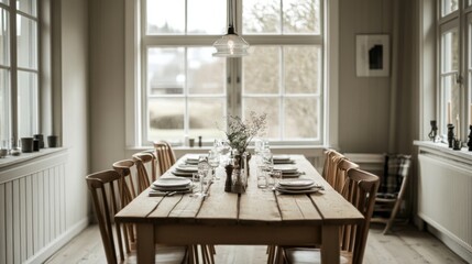 A bright Nordic dining area featuring a long wooden table, simple table settings, and large windows that flood the space with natural light, perfect for family gatherings.
