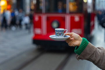 Turkish Coffee (Türk Kahvesi) Photo in Front of Istanbul Classics, Istiklal Street and Eminonu, Istanbul Turkiye (Turkey)