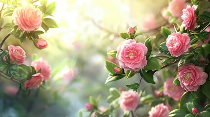 Obraz premium A serene display of pink flowers illuminated by soft sunlight.