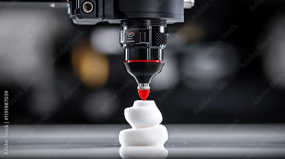 Aufkleber close-up of 3d printer nozzle depositing white material, creating a layered structure.
