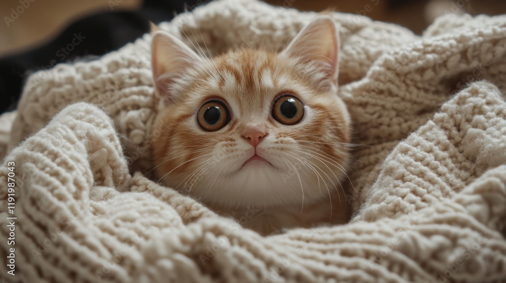 Poster a chubby kitten sitting in a basket filled with soft blankets, looking up with big, curious eyes and