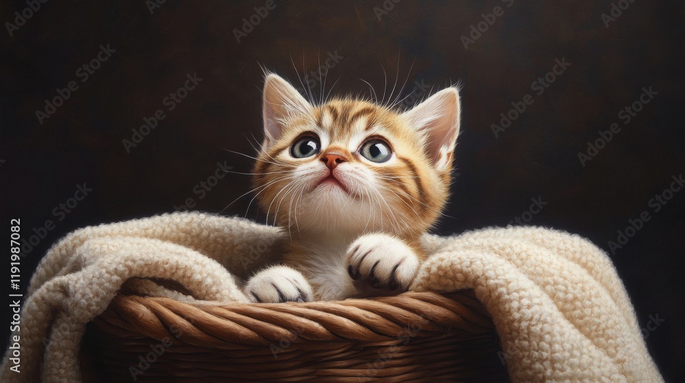 Poster a chubby kitten sitting in a basket filled with soft blankets, looking up with big, curious eyes and