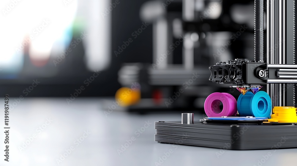 Poster close-up of a 3d printer in operation, creating colorful plastic objects.
