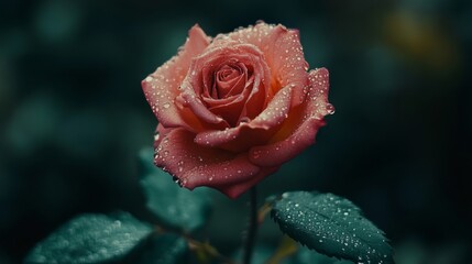 A close-up of a blooming rose with dew drops delicately resting on its petals, showcasing the intricate layers and vibrant color, symbolizing beauty and freshness.