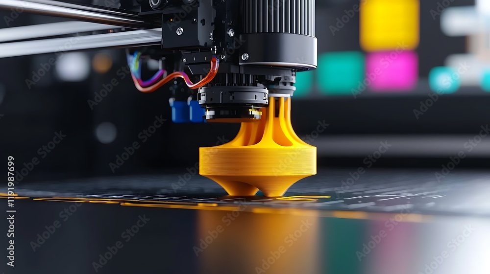 Aufkleber close-up of a 3d printer nozzle creating a yellow object.