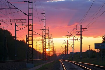 Stunning Sunset over Railway Tracks and Power Lines