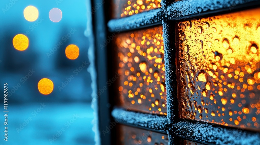 Poster raindrops on window pane with bokeh background during winter evening