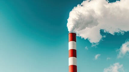 Industrial Pollution: Red and White Chimney Emitting Smoke Against a Vivid Blue Sky