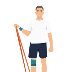 Elderly Man Exercising With a Resistance Band. Flat vector illustration isolated on white background