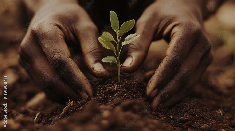 Poster a close-up of hands planting a small tree seedling into rich, dark soil, highlighting the importance