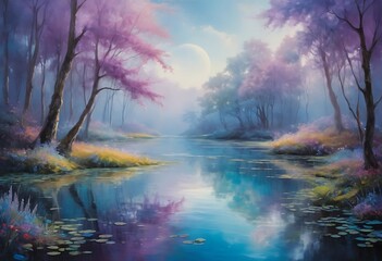 Serene Moonlit River Enchanting Forest Landscape