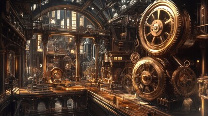 Fototapeta premium A Grand Steampunk Factory: Intricate Gears and Golden Hues