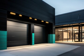 Modern garage, black doors, teal trim in an industrial setting.