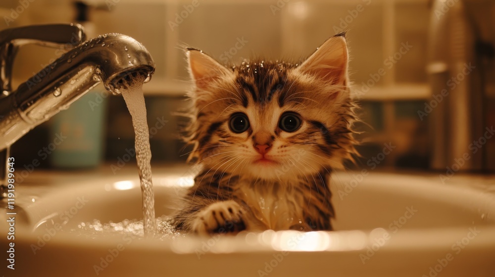 Poster a cute, drenched kitten sitting in a sink with a gentle stream of water flowing, its tiny paws resti