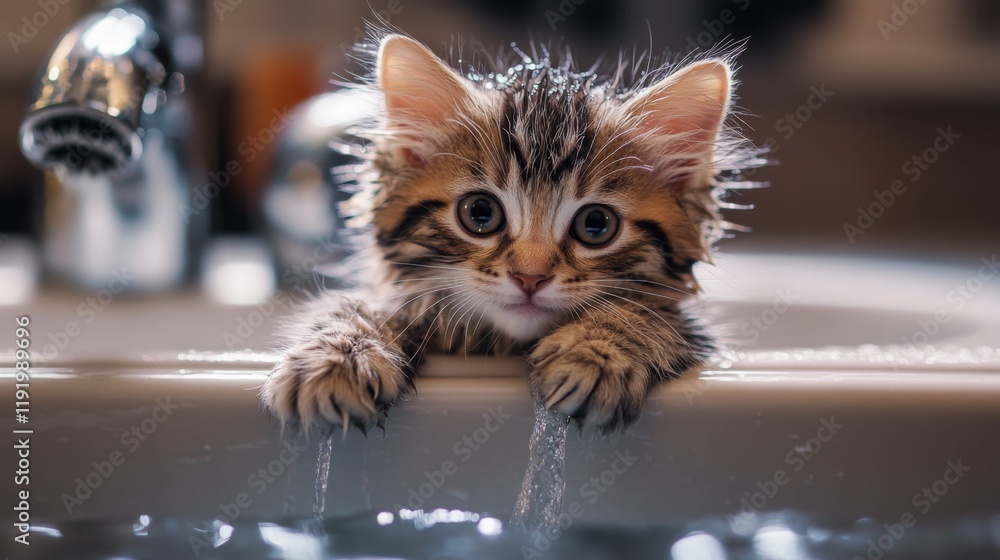 Poster a cute, drenched kitten sitting in a sink with a gentle stream of water flowing, its tiny paws resti