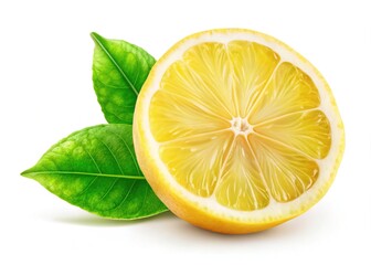 Cut Lemon Half with Leaf, Isolated PNG, High-Resolution Image, Fresh Citrus Fruit