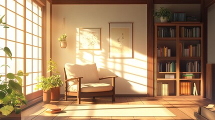 A cozy reading nook in a Muji-style house, featuring a comfortable chair, soft cushions, and a small bookshelf, all bathed in warm natural light for a peaceful escape.