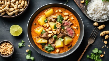 Delicious Thai Beef Massaman Curry with Potatoes Peanuts and Rice