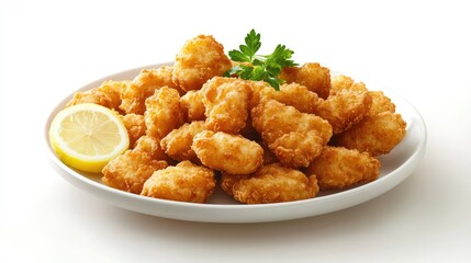 A plate of crispy, golden-brown breaded chicken cutlets garnished with fresh parsley and served with lemon slices.