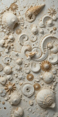 A collection of various seashells and marine fossils arranged artistically.
