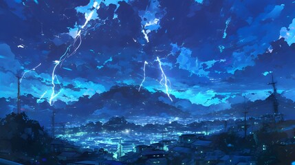 Fototapeta premium Glowing lightning electrifies the night sky, illuminating the surrounding landscape.