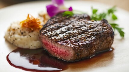 A gourmet steak dish served in a fine dining restaurant, with a perfectly seared steak, truffle mashed potatoes, and a red wine reduction sauce.