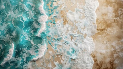 Naklejka premium Aerial view of ocean waves meeting sandy beach, showcasing natural beauty and tranquility.