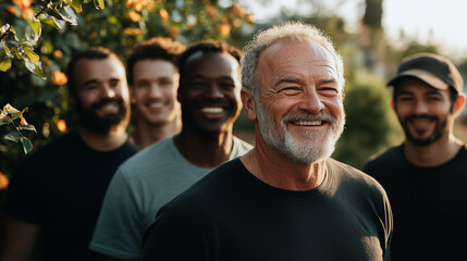 People from various backgrounds share laughter in a park filled with sunlight, trees, and blossoming plants.