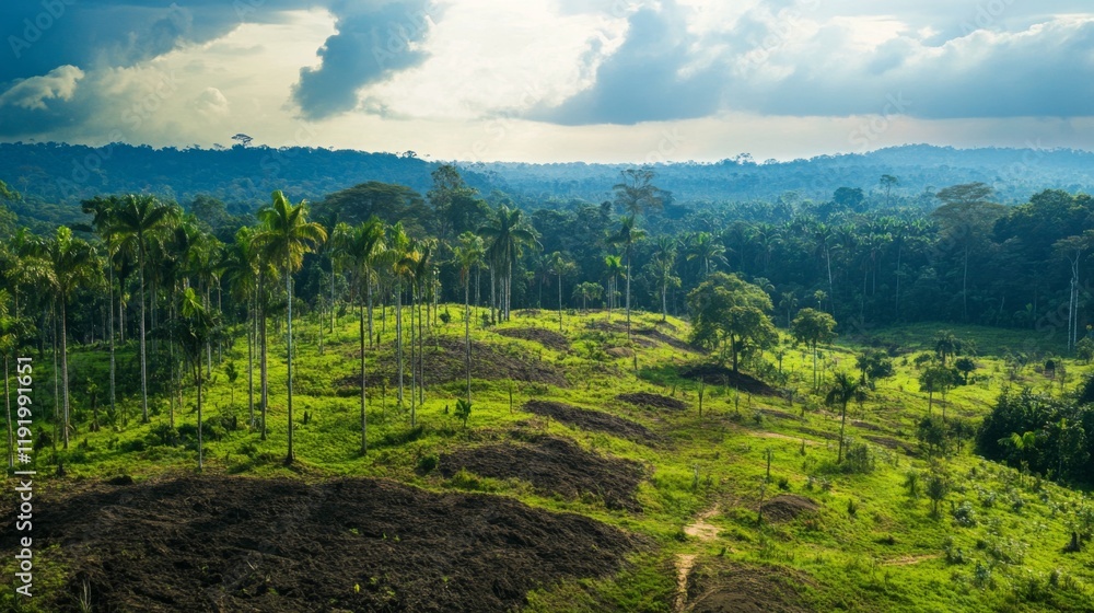 Poster a panoramic view of a sprawling forest landscape with freshly planted trees, illustrating the positi
