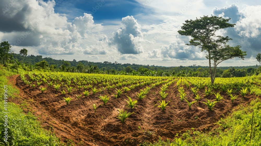 Poster a panoramic view of a sprawling forest landscape with freshly planted trees, illustrating the positi