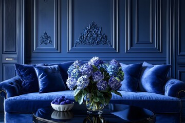 Luxury Blue Velvet Sofa Interior Design 3D Illustration
