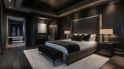 Dark Luxury Master Bedroom Interior Design, Realistic Photo of Elegant Room