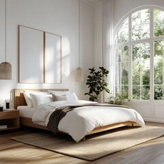 Serene Bedroom Design 3D Illustration: Minimalist Wooden Bed, Natural Light, and Tranquil Decor