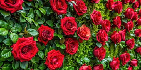 Fototapeta premium Vibrant red roses adorn a lush greenery wall backdrop , roses, wallpaper, roses, wallpaper