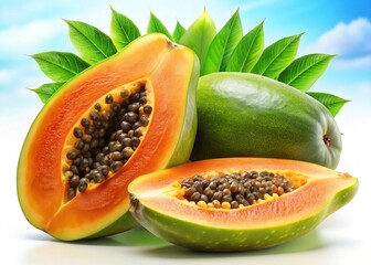 Juicy Papaya Halves: Ripe and Green Tropical Fruit Photography
