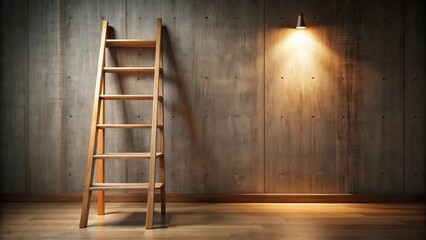 Wooden ladder leaning against a wall in a dimly lit room, shelving unit