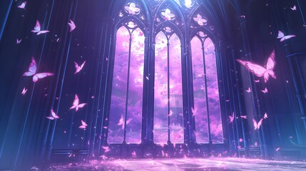 Gothic-style large black door surrounded by pink butterflies, with dark palace hall in the background, creating a mysterious yet beautiful anime aesthetic.