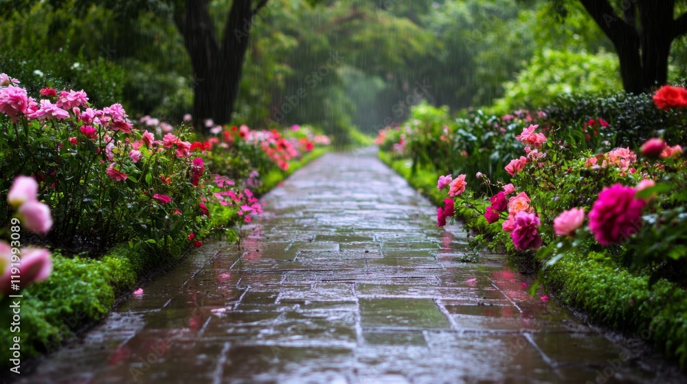 Aufkleber a serene garden path lined with flowers covered in dew, inviting viewers to take a peaceful stroll a