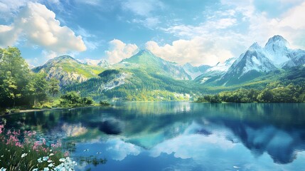 Fototapeta premium Scenic view of a lake in the mountains with reflections of trees and clouds in the water under a clear sky