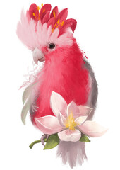 Graffiti-style illustration of pink parrot on a white, isolated background. 