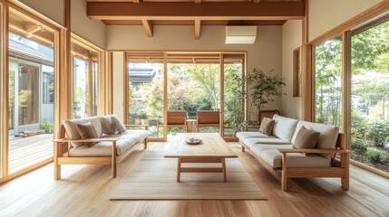 Fototapeta premium A serene Muji-inspired living room featuring a minimalist design with natural wood furniture, neutral tones, and large windows that let in ample natural light, creating a peaceful retreat.