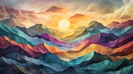 A vibrant 3D modern art mural featuring abstract mountains with metallic textures and gradient hues, set against a cloudy sky.