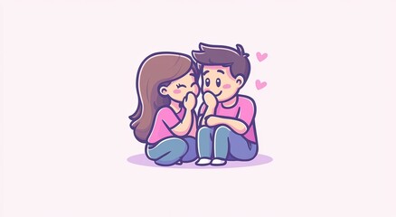 Cute cartoon couple kneeling together, smiling at each other in a minimalistic flat design style with light pink and purple tones.