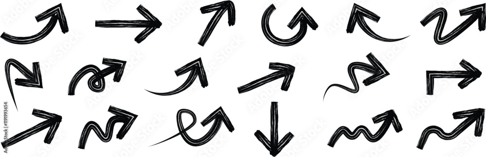 Fototapete brush drawn curved arrows. hand drawn brush arrows in different directions. vector direction curved 