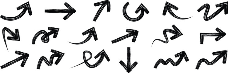 Brush drawn curved arrows. Hand drawn brush arrows in different directions. Vector direction curved and wavy brush arrow strokes vector. Curved grunge arrows